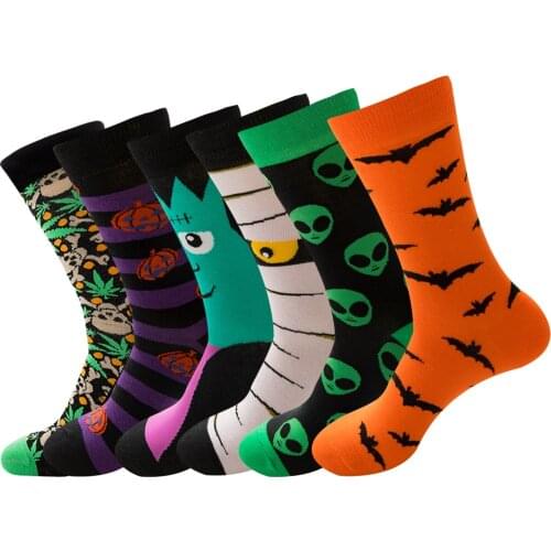 Woman Socks Kawaii Harajuku Halloween Autumn and Winter Cotton Skeleton Alien Pumpkin Crew Socks Monster Bats Socks for Girls