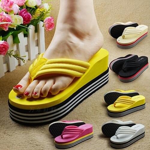 705 Hot Sell Women Strip Heel Wedge Summer Sandals Flip Flops Beach Toe Post Shoes Slippers