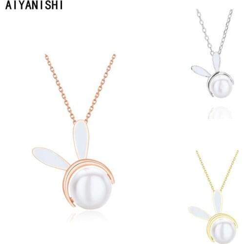 AIYANISHI 925 Sterling Silver Bunny Shell Pearl Pendant Necklace Accessories for Women Natural Pearl Pendant Necklace Jewelry