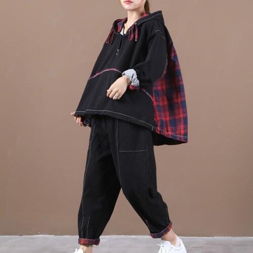 2021 Autumn Korean Hooded Hoodies Ladies 2 Piece Sets Casual Tops And Pants Womens Fitness Tracksuits Oversized Plaid Outfits
