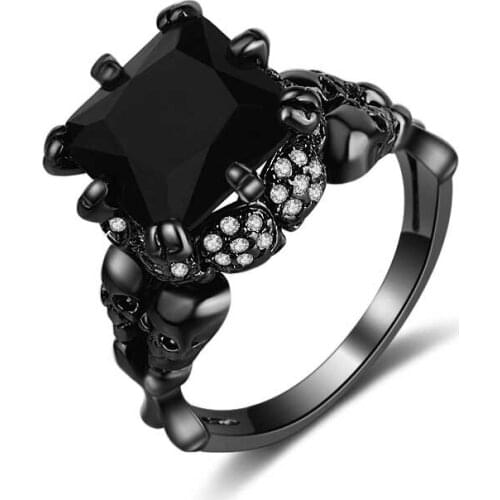 YaYI Jewelry Top Quality Princess Cut AAA+ Black Obsidian 10*10mm Cubic Zirconia Engagement Wedding Punk Party Skull Rings Gift