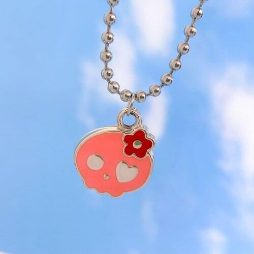 Fashion Skull Pendant Necklace Hip Hop Irregular Flower Necklace Round Bead Chain Necklaces Halloween Gift Jewelry for Women