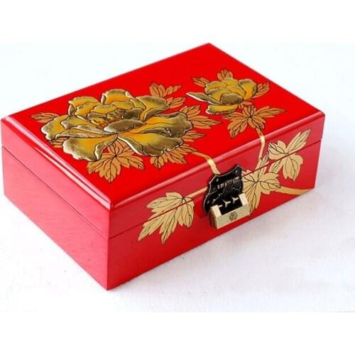 2 layer Lacquerware Chinese Decorative Wooden Vintage Storage Box with Lock Pull out Jewelry Set Box Wedding Gift Cosmetic box