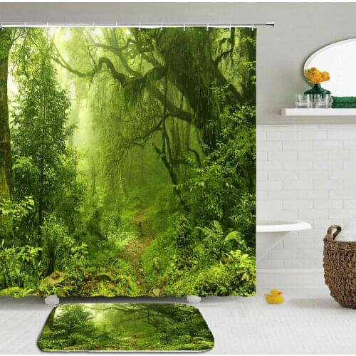 3D Natural Forest Green Plants Shower Curtain Set Mat Bath Curtains Waterproof Cloth + Non-slip Mat Toilet Bathroom 2pcs/set
