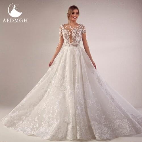 Aedmgh Ball Gown Illusion Wedding Dresses 2021 Sweetheart Three Quarter Bride Dress Lace Appliques Court Train Robe De Marige