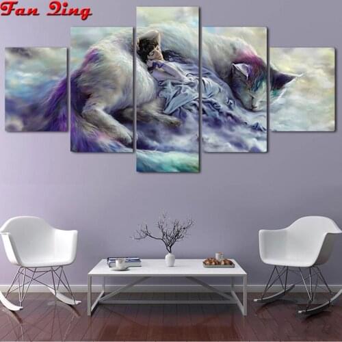 Diy Diamond Painting 5 Panel Fantasy art cat and beauty Full Square Round Drill 5D Diamond Embroidery Mosaic Rhinestones Decor