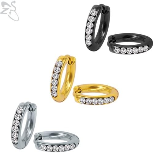 Shiny Crystals Hoop Earrings Black Silver Color 316 Stainless Steel Circle Earring Creole Ear Piercing Earing Women Men Jewelry