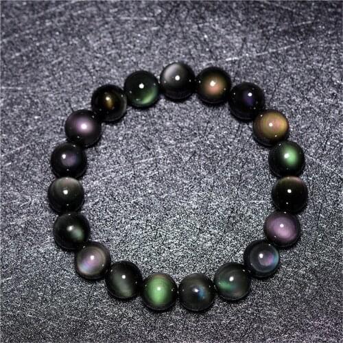 Grade AAA Natural Rainbow Black Obsidian Beaded Bracelet 6mm 8mm 10mm 12mm 14mm 16mm Round Bead Stretch Prayer Bracelet BR017