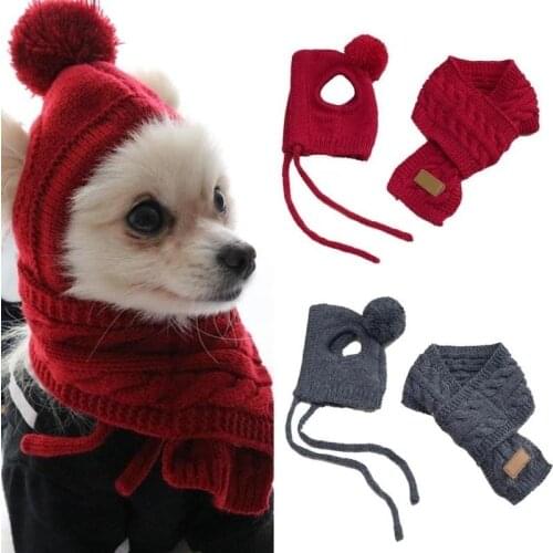Pet Winter Warm Stripes Knitted Hat+Scarf Collar Puppy Teddy Costume Christmas Clothes Hat for Dogs Santa Dog Clothes
