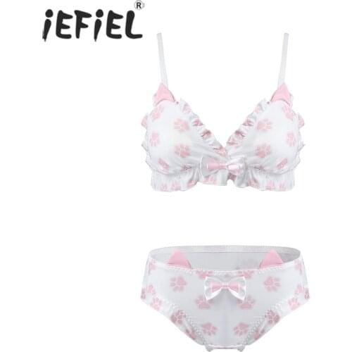 Women Girls Paw Print Lingerie Set Sissy Nightwear Pleated Trim Removable Padded Bra Top with Cat Ear Underwear Lovely Costume