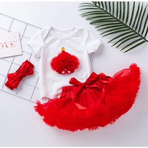 3 PCS Newborn Baby Girl Birthday Cotton Printing Cake Dress Outfit Romper+Skirt+Headband Set Daily Clothing
