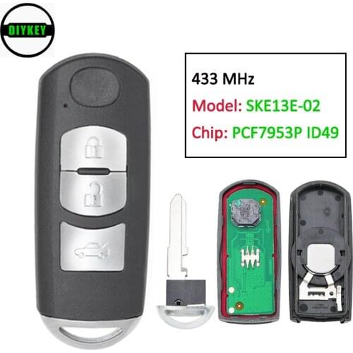 DIYKEY 3 Buttons Smart Card Remote Key 433MHz with PCF7953P 49 Chip for Mazda 3 6 2012-2017 FCC: SKE13E-02