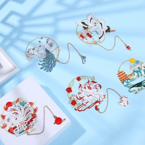 Chinese Style Brass Bookmark Tassel Pendant Retro Book Clip Painted Pagination Mark Stationery Student Gift School Office Supply