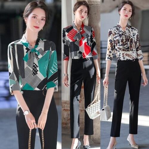 Fashion Casual Women Blouses & Shirts Print Half Sleeve Ladies Pant and Tops Sets Work Wear Office Uniform Styles