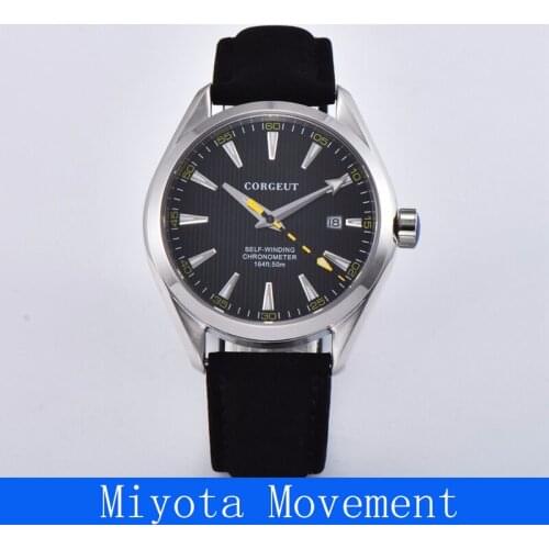 Corgeut 41MM Mens Luxury Fashion Brand Leather Bumblebee hands date Sport MIYOTA Automatic Mechanical clock Watch men
