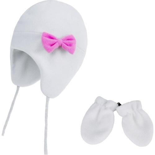 Connectyle Kids New Style Winter Skull Caps New Fleece Solid Color With Mittens Warm Baby Earflap Cap Cute Bow Girls Hat