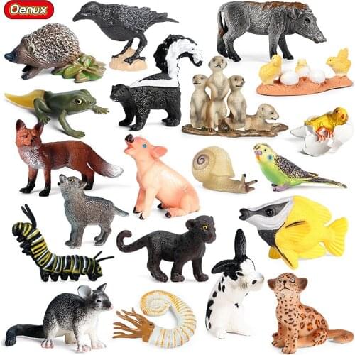 Oenux Small Wild Bird Animals Snails Fox Frog Crow Model Action Figure Farm Pig Hen Fish Figurines PVC Miniature Cute Kids Toys