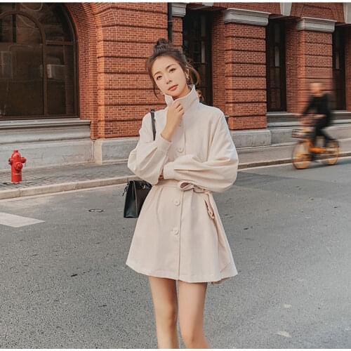 Lantern Sleeve Pleated Windbreaker Womens Mid-Length Jacket 2021 Spring Autumn Chic Coat Trendy Belt Ladies Streetwear