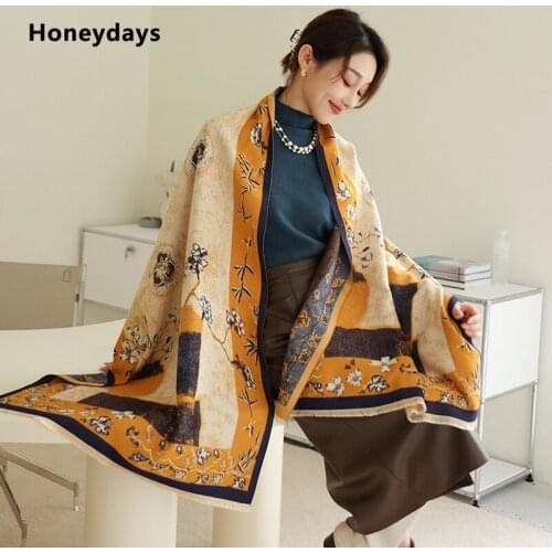Luxury Flower Double Side Printed Cashmere Scarf Pashmina Hijab Christmas Present Wedding Tassel Shawl Winter Warm Blanket Pareo
