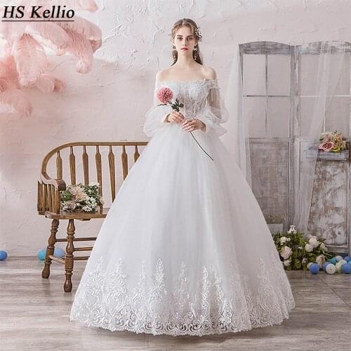 Off Shoulder Bridal Dresses With Lace Edge Long Sleeve Ball Gown Wedding Dress Lace Appliqued