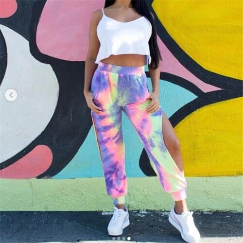 Fashion Sweatpants Women Print Tie Dye Splite Out With Pocket Korean Style Femme Joggers Trousers Summer Clothes