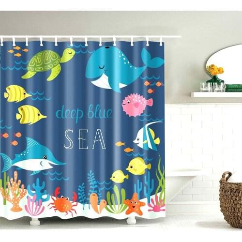 Dafield Shower Curtain Cartoon Kid Colorful Ocean Sea Animals Turtle Jellyfish Starfish Tropical Crab Plants Polyester