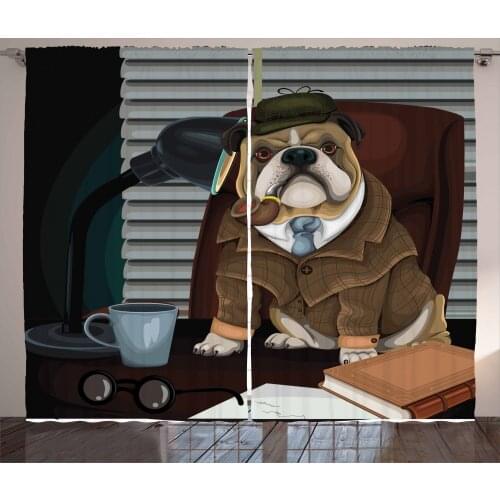 Dedective English Bulldog Curtains Serious Dog Desk Satin Fabric Drapes for Living Room Bedroom 2 Panel Window Set