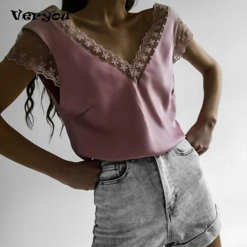 Street Trendsetter Solid Color Hollowed Out Lace Wave Deep V Womens T-shirt Womens Sexy Solid Color T-shirt Womens Clothes