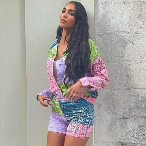 Ladies' Casual 2 Piece Girls' Vintage print Blouse Lapel Button Color Block Patchwork Long Sleeve Blouse+ Tight Waist Shorts