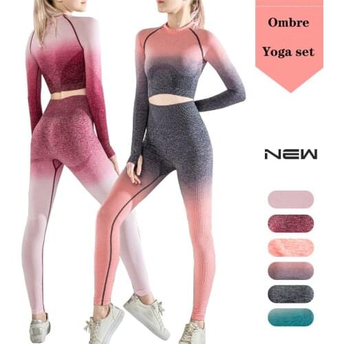 Women Ombre Yoga Set Sportswear Fitness Suit Seamless Workout Clothes Gym Outfit Winter Sports Wear Full Sleeves Tops Leggings