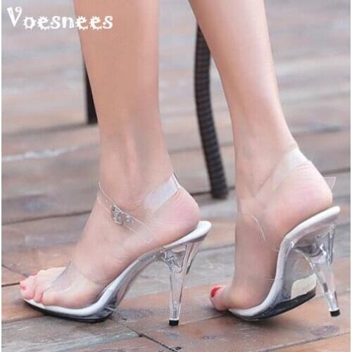 2019 Sandals High Quality Ultra-high Heel 7-20CM Transparent Crystal Women Shoes Model Catwalk Slides Fitness Contest large yard