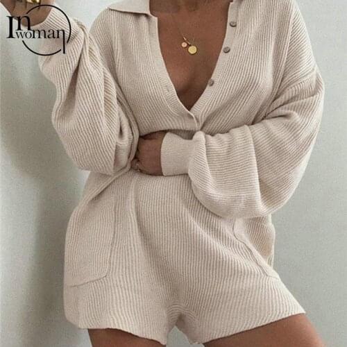 INWOMAN Autumn Sexy Rompers Womens Jumpsuit 2021 Lapel Long Sleeve Loose Rompers Female Buttons Pocket Knitted Clubwear Rompers