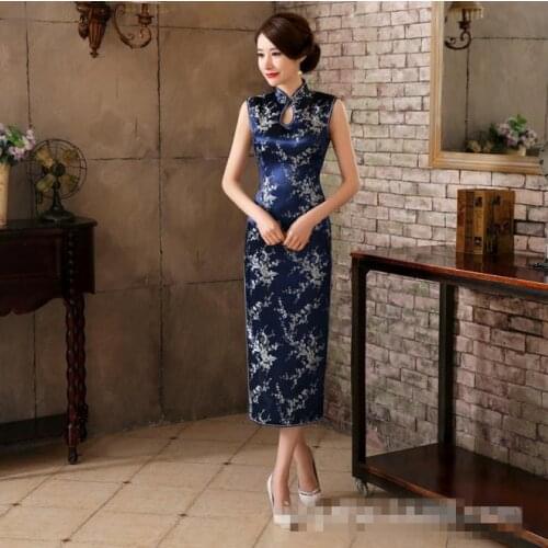Navy Blue Flowers Ladies Sexy Long Qipao Chinese Style Satin Cheongsam Classic Sexy Evening Dress Size S M L XL XXL XXXL NC042