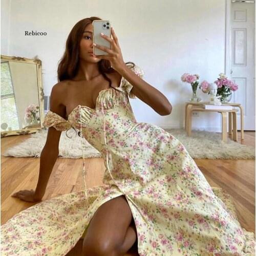 Lady Floral Print Casual Midi Sexy Party Dresses For Womens Strapless Autumn Summer Dress Club Bodycon Dress Puff Vestidos