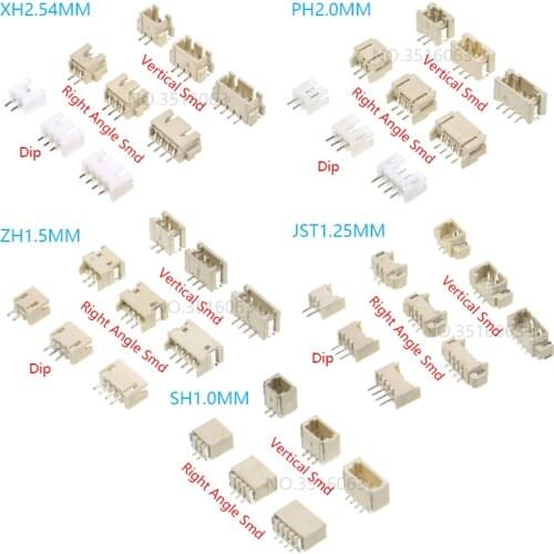10PCS 1.0 1.25 1.5 2.0 2.54 SH/JST/ZH/PH/XH 1.25MM 2.0MM 2.54MM Male Pin Header Socket Dip/Right Angle SMD 2/3/4/5/6/7/8/9/P Pin