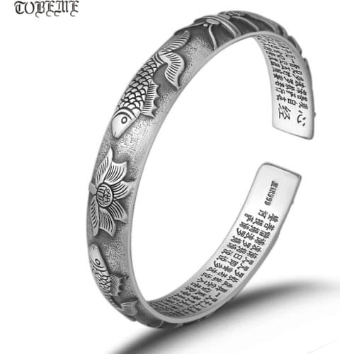 100% 999 Silver Tibetan Lotus Flower Cuff Bracelet Buddhist Heart Sutra Bangle Lucky Fish Women Cuff Bracelet