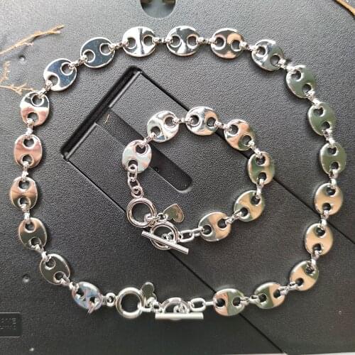 Metal Chain Necklace Bracelet 2PCS Jewellery Set Rhodium plated Cool Link Jewelry for Women