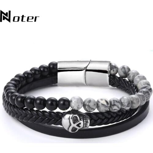 Noter New Fashion Mens Leather Bracelet 3 Layer Gothic Skull Braslet Male Punk Brazalete Camping Jewelry Present For Men Pulsera