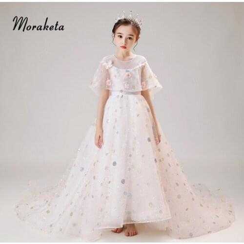 Luxury Ball Gown Pageant Dresses For Girls Elegant O-neck Shiny Sequined Tulle Spot Long Kids Evening Dresses With Train