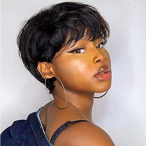 Short Bob Wig With Bangs Full Manchine Wig Human Hair Pixie Cut Human Hair Wigs Straight No Lace Cheap Wig For Black Women