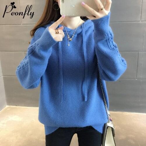 PEONFLY Fashion 2020 Autumn Winter Knit Hooded Solid Color Pullovers Korean Style Thick Sweater Women Knitwear Clothes Blue Pink