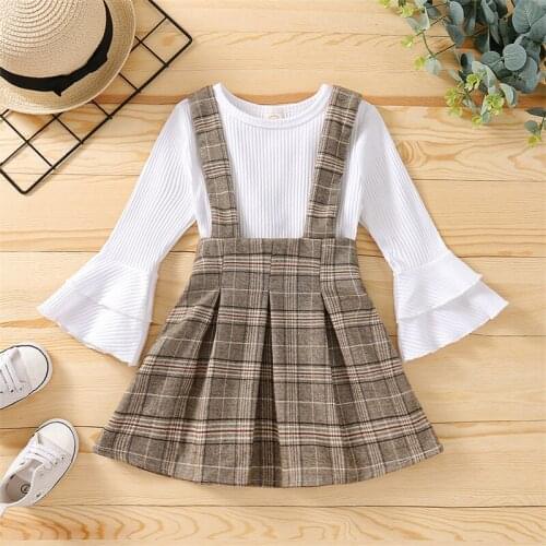 Toddler Girls Fall Outfits Fashion Long Bell Sleeve Rib Knit Tops + Plaid Suspender Skirt 2 Piece Set for 2-6 Years