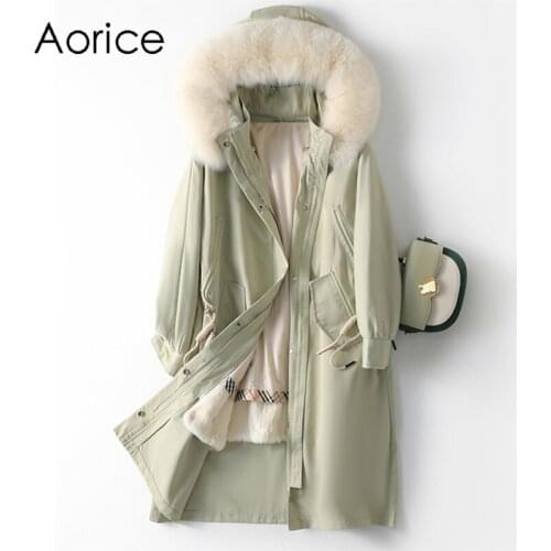Aorice Women Real Fox Fur Collar Coat Jacket Female Rex Rabbit Liner Long Parka Trench A41632