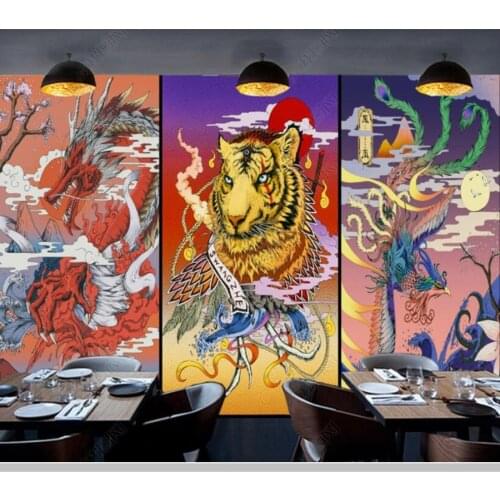 Papel de parede Vintage Japanese Ukiyo-e DragonTiger and Phoenix wallpaper,living room bedroom sushi shop restaurant mural decor