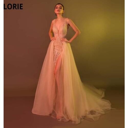 LORIE Deep V-Neck Tulle Evening Party Gowns 2021 Vestidos De Festa Sexy Straps A-Line Side Split Cinderella Prom Dress Plus Size