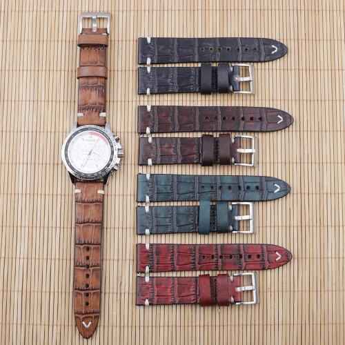 Vegetable Tanned Leather Watchband 18mm 20mm 22mm 24mm Handmade Stitching Genuine Leather Alligator Watch Strap Replacement
