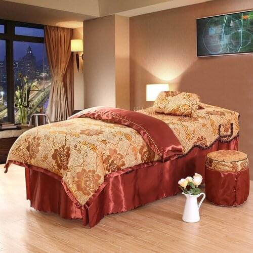 Luxury 4pcs Beauty Salon Bedding Sets Massage Spa Table Skirt, Pillow Cover, Stool Cover, Quilt Cover Sets High Quality