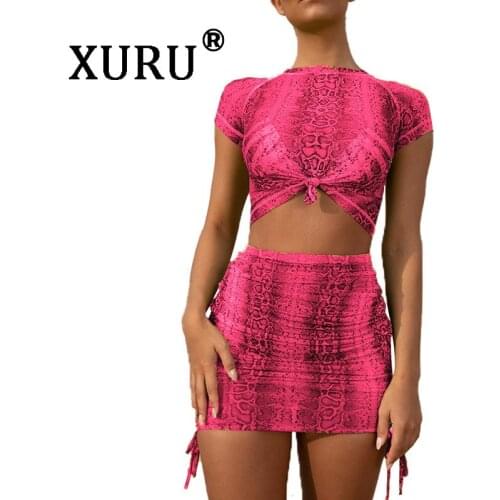 XURU Summer New Womens Dress Two-piece Fluorescent Short Sleeve Sexy Large Size Dress Set