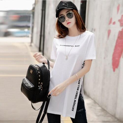 Summer T-Shirt Women Side Split Sexy CE Woman Letter Print Black White Cotton Harajuku Tops Sport Short Sleeve Loose TShirt
