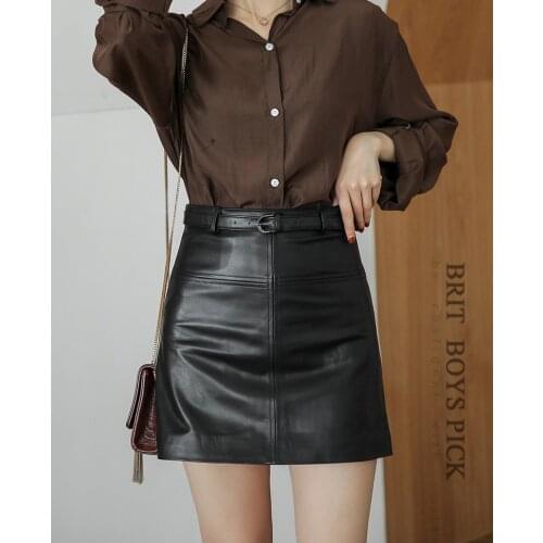 Leather leather skirt belt female spring and autumn high waist slim a-line fashion bag hip short sheepskin skirt 2021 new